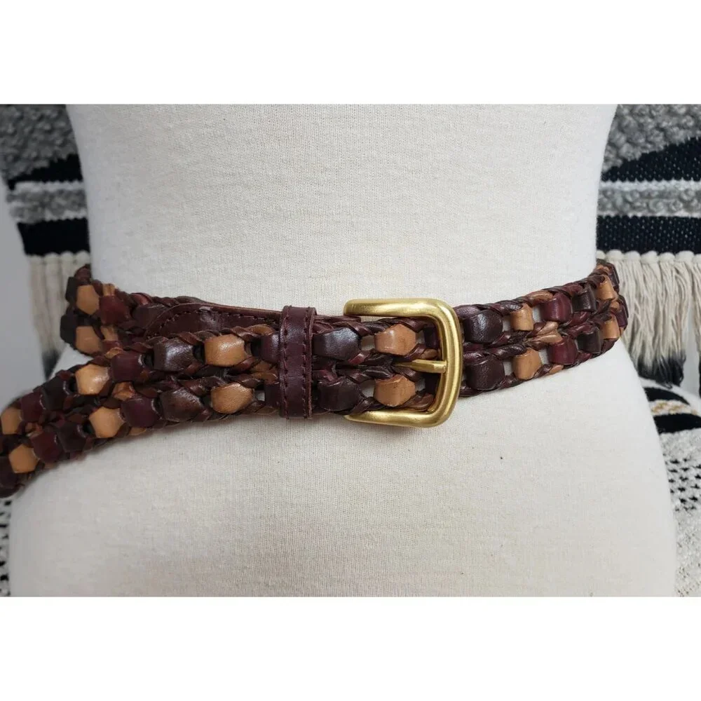 Talbots Italian Leather Braided Belt M Brown Tan Woven Brass Buckle